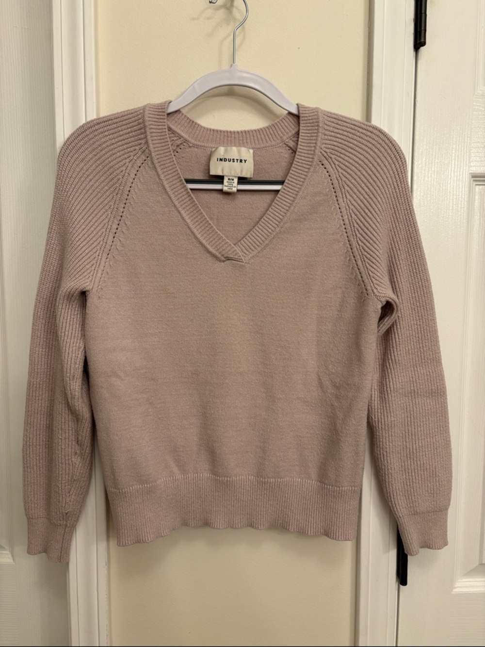 V-Neck Ribbed Sleeve Sweater in Taupe - Picture 1 of 5